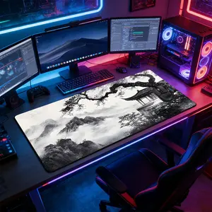 Chinese Ink Wash Pagoda Large Gaming Mousepad, Universal Mouse Pad, Non-Slip Rubber Base Stitched Lock Edge Desk Mat, Traditional Wuxia Design Desk Pad, Durable Computer Accessory for Home Office & Gaming Setup, Ideal Gift for Gamers & Wuxia Art Fans