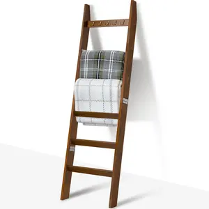 6-Tier Blanket Ladder with Hooks, 5.4 Ft Wall Leaning Blanket Ladders for Living Room, Rustic Decorative Ladder for Blankets, Farmhouse Decor Ladder Shelf, Easy Assembly, Mahogany Finish