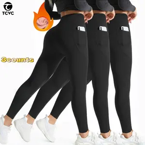 TCVC Winter Women's Leggings Thermal Lined Velvet High Waist Super Warm Pants with Side Pocket Design Long swear solid high waist thermal  Warmer tight fitting active pant letter gym fleece Womenswear Soft yoga pants for women Matte Bottom Spandex