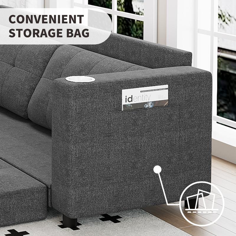 Queen Size 83” Pull-Out Futon Sofa Bed, Thick Upholstered Sleeper Loveseat, Convertible Floor Couch – Dark Grey | HYZQ