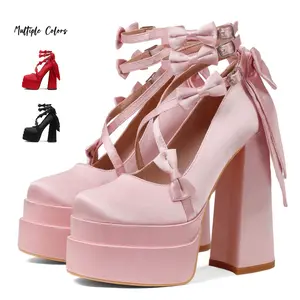Women's Ankle Strap Buckle Mary Jane Shoes Lolita Bow Block Platform Heels Cute Closed Toe Sweet Bow Mary Jane Kawaii Chunky Pumps Pink Red Black Princess Birthday Party Wedding