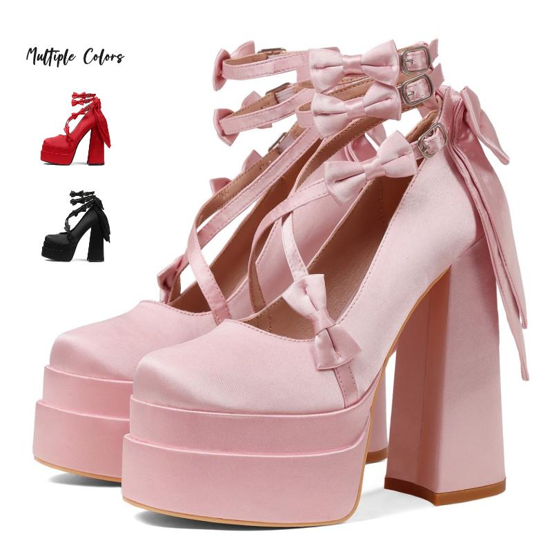 Women's Ankle Strap Buckle Mary Jane Shoes Lolita Bow Block Platform Heels Cute Closed Toe Sweet Bow Mary Jane Kawaii Chunky Pumps Pink Red Black Princess Birthday Party Wedding