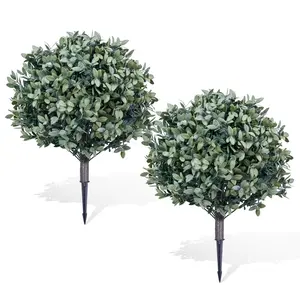 25.59in Artificial Cedar Topiary Ball Trees with Ground Spike 2pcs, UV Resistant Faux Evergreen Lifelike Plants for Indoor and Outdoor, Topiary Trees Artificial Use in Front Porch, Garden，