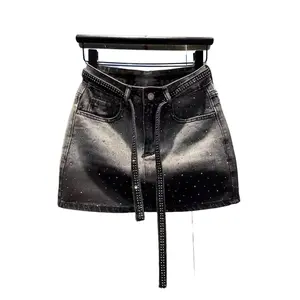 2026 Vintage Wash Denim Mini Skirt for Women Rhinestone Y2K Going Out Outfit