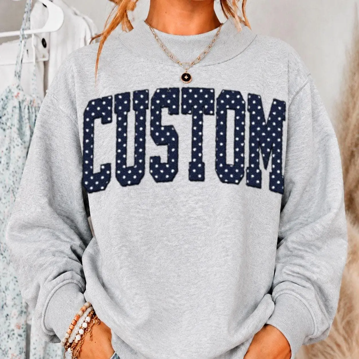 Navy Polka Dot Mockneck Sweatshirt, Personalized Mock Neck Pullover, Custom Name Sweater, Women’s Casual Top