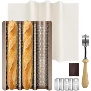 Baguette Bread Pan, Perforated French Bread Tray - 3 Loaf Nonstick Baking Sheet with Proofing Cloth & Dough Cutter Kit, Home Baker Supplies (15x11 Inch Gold)