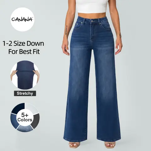 CANANA Plus Size Women's High Waisted Wide Leg Jeans Light Dark Wash Blue Stretch Denim Pants Casual Loose Fit Full Length Jeans Size Down 1 to 2 Sizes SH25F12