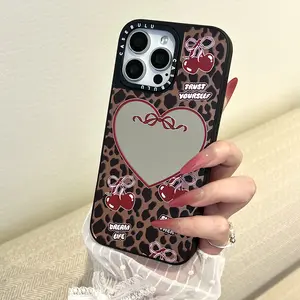 Cute Cherry and Leopard Print Bowknot Mirror Phone Case Black Glossy Shockproof Case Design for iPhone 17 Pro Max 16 15 14 13 Pro Max