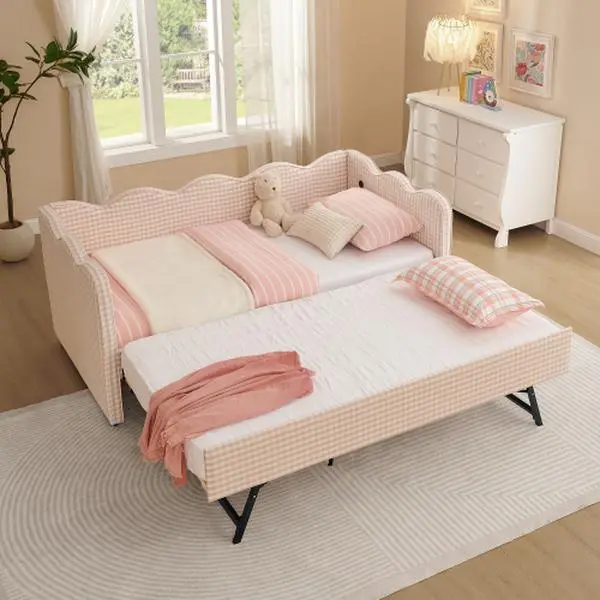 Bellemave Linen Fabric Plaid Upholstered Sofa Bed - 2-Seat Twin Size Day Bed with Trundle, USB Charging Station, Wave Edges, No Box Spring Required 2-in-1 Futon Frame