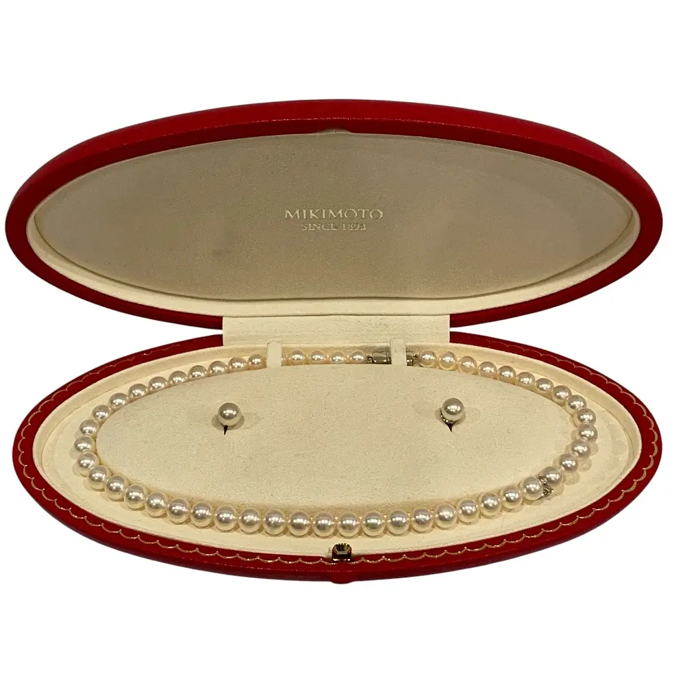 Mikimoto Akoya Pearl Au750 White Gold Necklace Earrings Set
