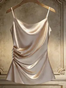 Women's Summer Peach Color Knit Fabric Pleated Decorative Button Tank Top, Casual Party Wear, Stylish Sleeveless Blouse