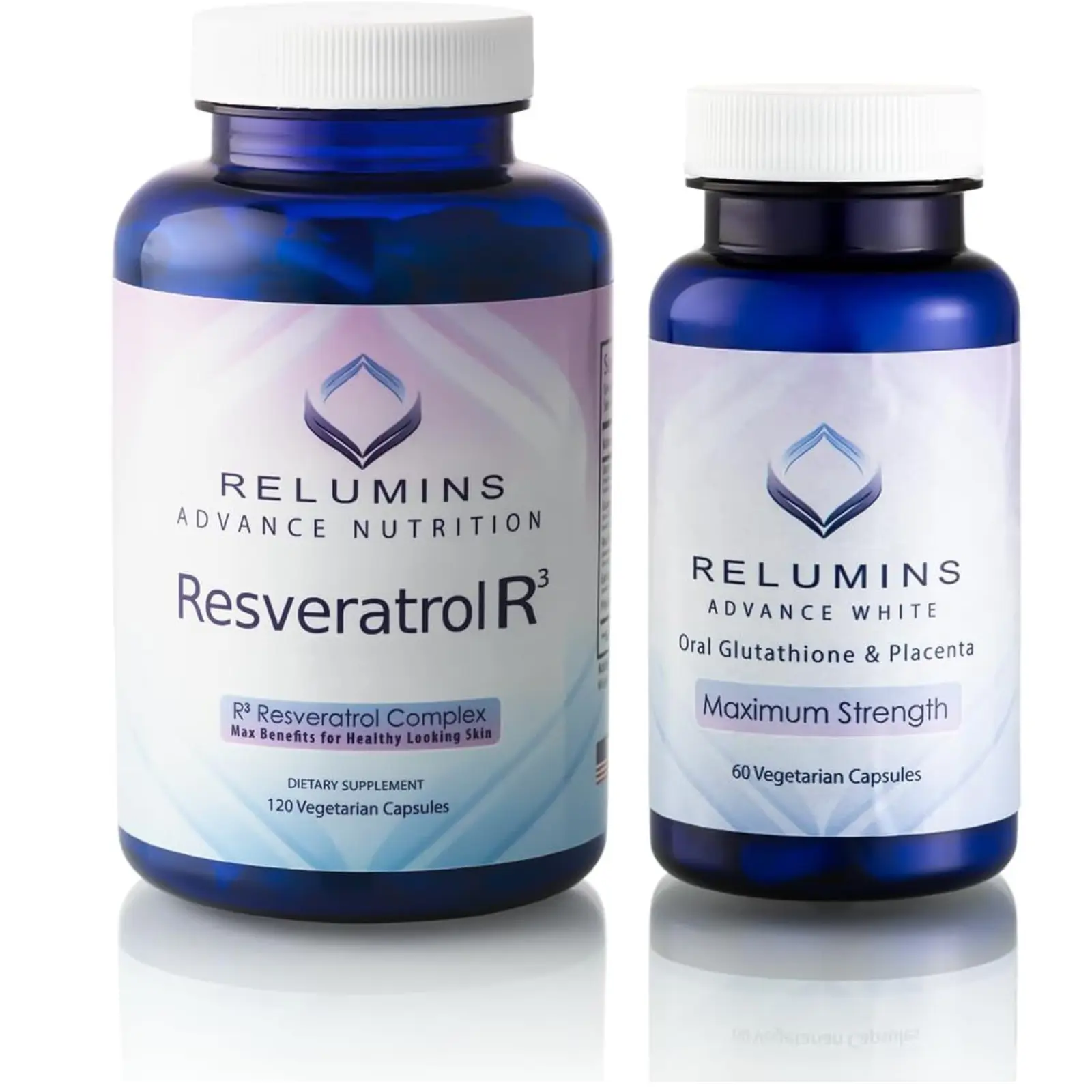 Relumins Advanced White Bundle – L-Glutathione 800mg with Vitamin C (60 Capsules) + R3 Resveratrol Complex (120 Capsules) – Supplement for Skin Clarity and Wellness Support