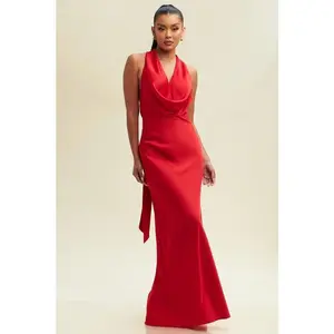 Crimson Flame Satin Gown - Sleeveless Cowl Neck Draped Glamorous Summer Dress with Back Scarf Detail for Night Out & Dinner Looks - Evening