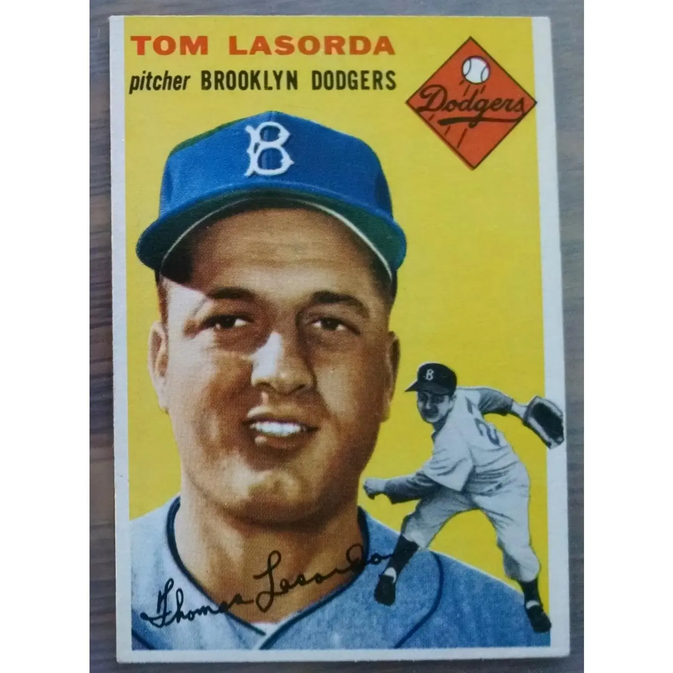 1954 Topps baseball Tommy Lasorda rookie card #132, DODGERS (HOF)