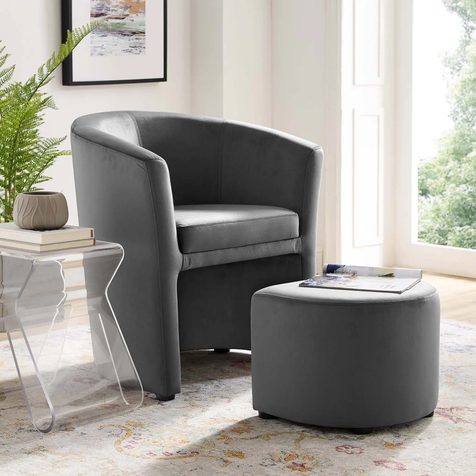 Modway Divulge Fabric Armchair and Ottoman Set - Performance Velvet Upholstery, Gray Indoor Furniture, 300 lbs Weight Capacity, for Living Room Use & Entryways