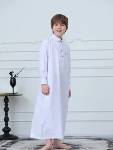 Children Muslim Traditional Robe, Long Sleeve Design, Button Front, Chest Pocket, Loose Fit, Breathable Fabric, Ideal for Eid & Religious Events