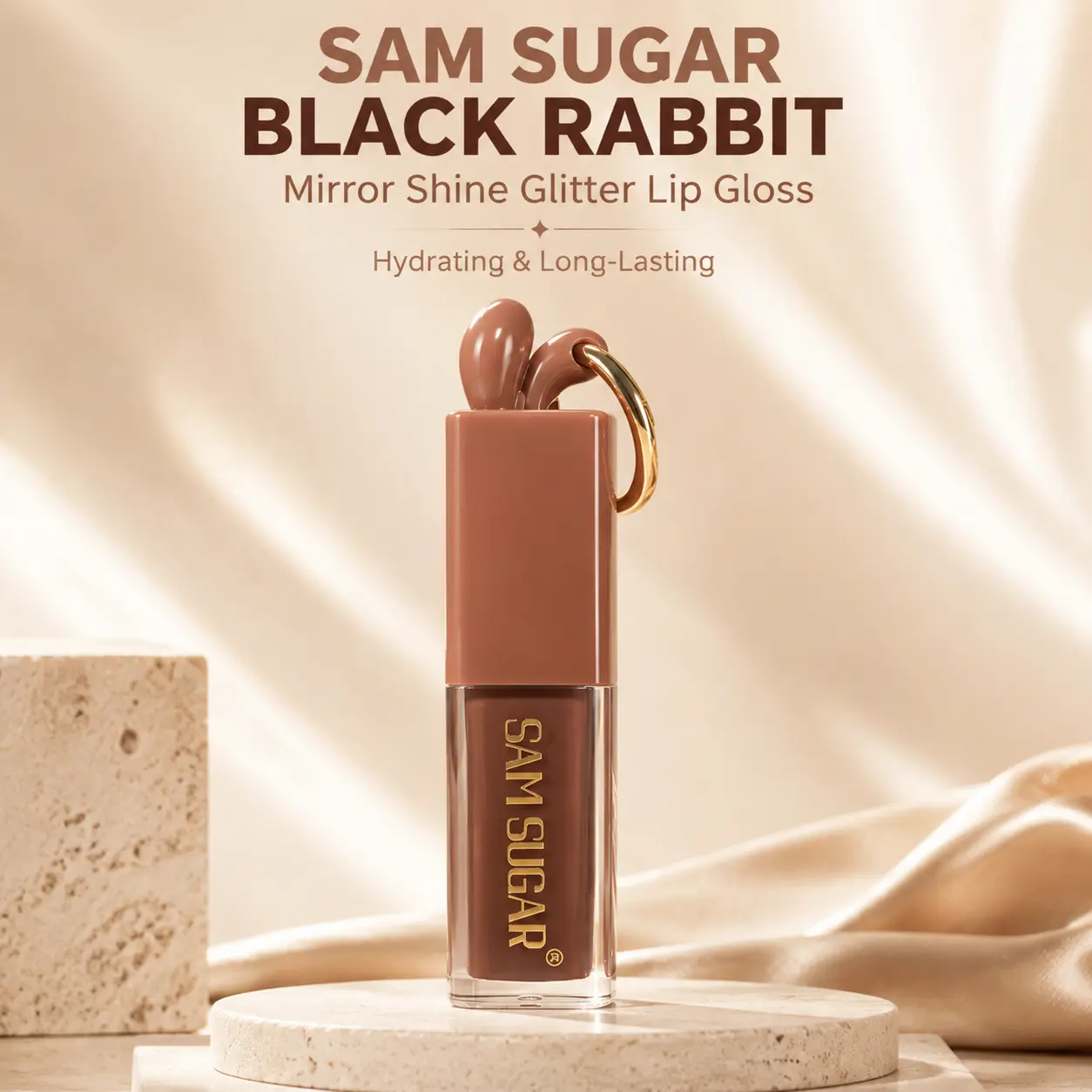 Portable Keychain Lip Gloss, SAM SUGAR BlackRabbit Lip Balm, Hydrating Glitter Mirror ShineLip Cosmetics for Women