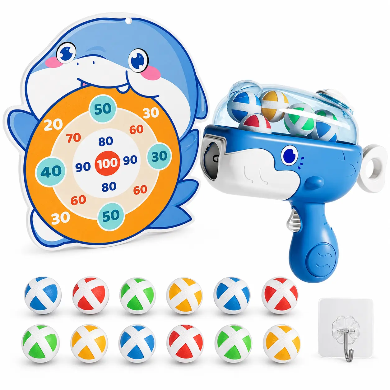 Whale Sticky Ball Blaster Set for Kids, Indoor Target Shooting Game with 12 Soft Sticky Balls, Hanging Score Target and Adhesive Hook, Ball Launcher Toy for Family Play, Birthday Gift
