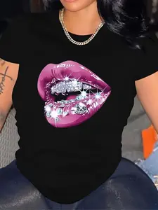 Lip Pattern Printing+ Short Sleeves+ Round Neck T-shirt
