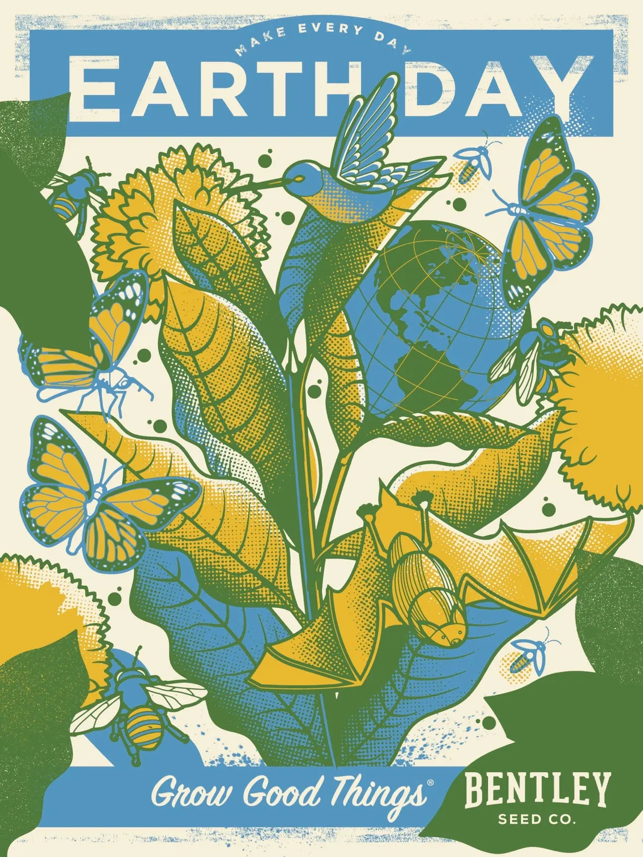 "Make Every Day Earth Day" Eco-Friendly Nature Wall Decor Poster - 12x18 Default Size 1 Piece Single Sheet, Colorful Style Blue Green Yellow Pollinator Insect Animal Print Paper, Daily Reminder for Eco-Conscious Homes, Garden Accent