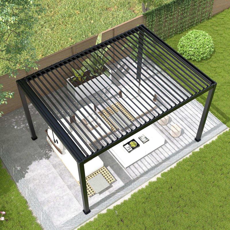 13' x 10' Aluminum Pergola with Adjustable Louvered Roof & Rainproof Drainage System Dark Grey Durable Wind-Resistant for Patio Deck & Garden Includes Waterproof Curtains & Nets