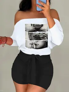 Women's Geometric Print Off Shoulder Long Sleeve Crop Top & Skinny Shorts Two-Piece Set, Casual Fashion Cozy Top & Shorts for Daily Outdoor Wear, Ladies Clothes for All Seasons, Suits, Fall outfit