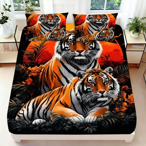 2/3 Pcs 2D Flat Tiger Themed Fitted Sheet Set Tiger Bedding Set Quilt Cover 1 Fitted Sheet+ 1/2 Pillowcases Tiger Top Sheet Decorative Bedding Bedroom Decor Tiger Pattern Bedding