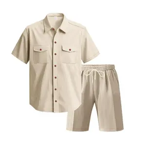 Men's Summer Corduroy Short Sleeve Pocket Shirt and Shorts Set, Casual Two-Piece Outfit, Lightweight Breathable Relaxed Fit, Stylish Comfortable Daily Wear Beach Travel Summer Loungewear