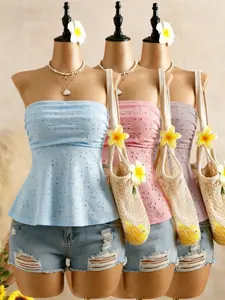 Women's Tank Top Solid Color Short Tube Top, Casual Sleeveless Knitwear Set of Three, Ruffled Hem Design, Comfortable and Stylish