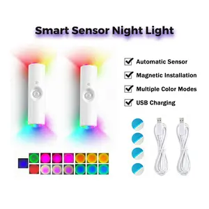 Smart Motion Sensor LED Night Light RGB Wall Sconce, USB Rechargeable Magnetic Dimmable Ambient Lighting, Stick-On No Drilling Bedside Lamp, Closet Step Light, Indoor Home Decor for Bedroom Hallway Stairway Entryway Living Room