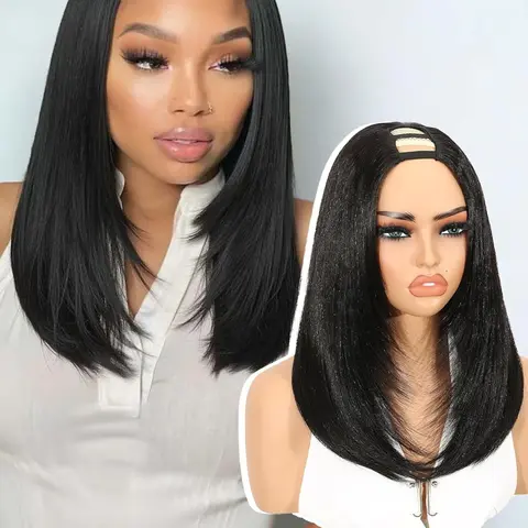 Yaki Straight Layered U Part Wig, V Part Bob Half Wigs for Women, Short, Natural Looking, Heat Resistant, Hair Wigs