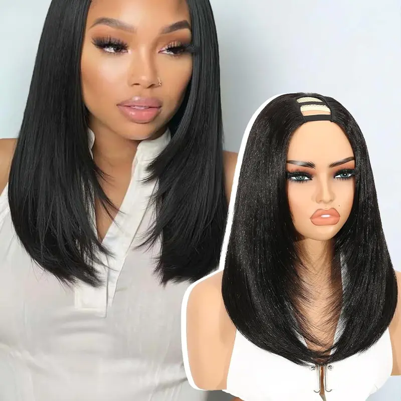 Yaki Straight Layered U Part Wig, V Part Bob Half Wigs for Women, Short, Natural Looking, Heat Resistant, Hair Wigs
