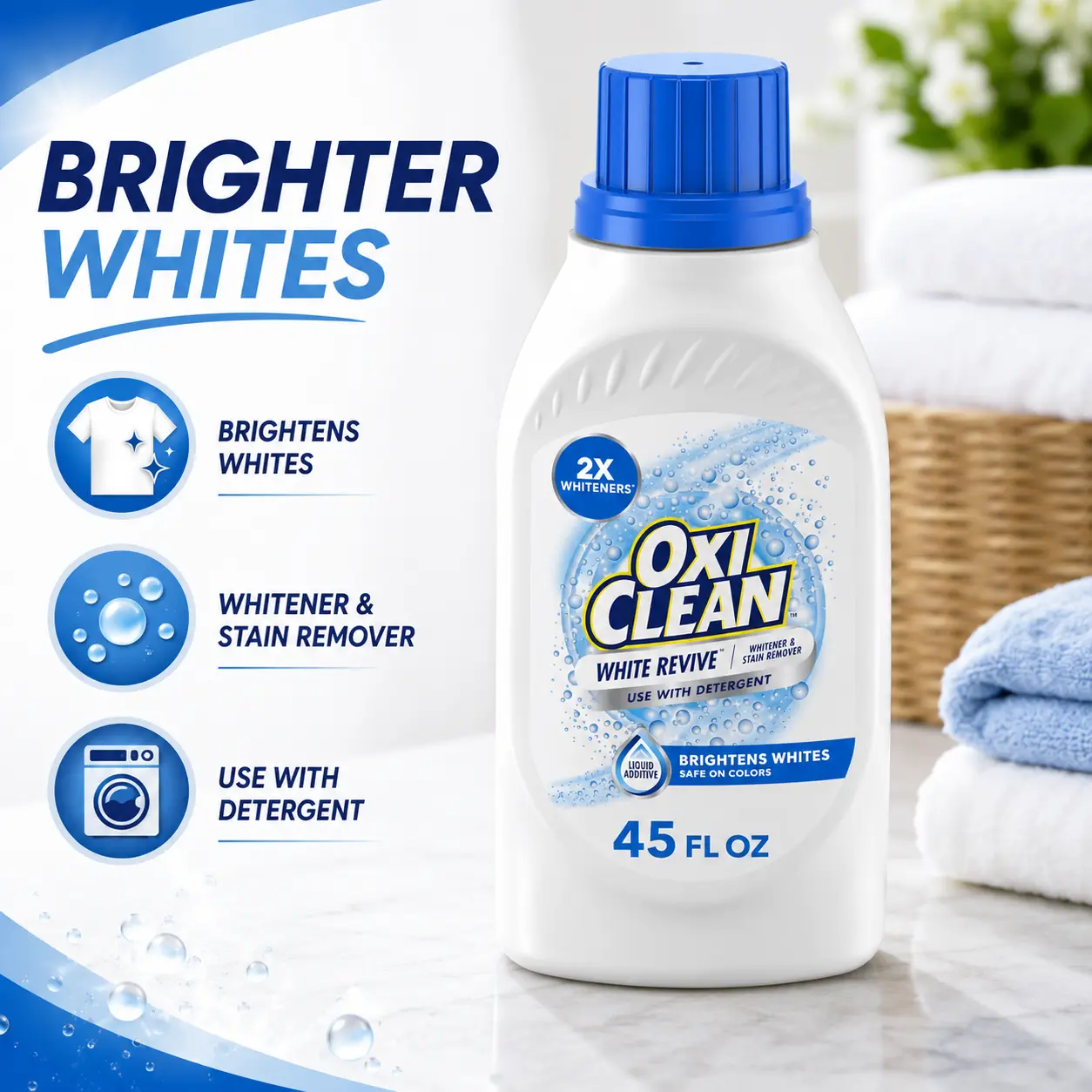 OxiClean White Revive Laundry Whitener 45oz, Chlorine-Free Oxygen Bleach Alternative & Stain Remover