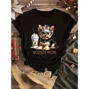 Yorkshire Terrier Mother T-Shirt - Adorable Yorkie Graphic Featuring a Pink Bow And Glasses, Iced Coffee Cup Illustration, Golden YORKIE MOM Text - Great for Dog Enthusiasts, Perfect Gift for Hol