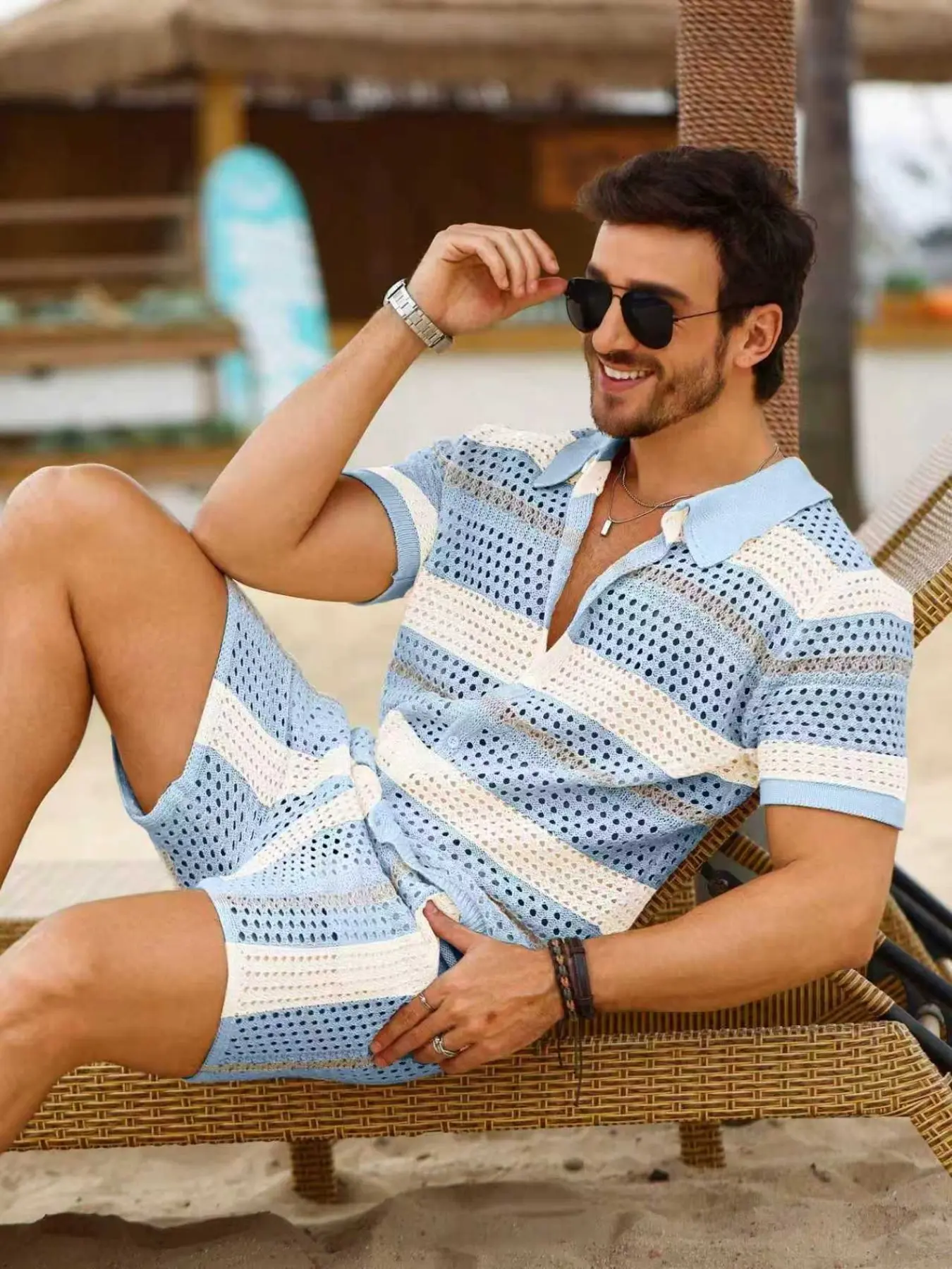2026 Spring Summer Tropical Vacation Style Two-Piece Set Suits, Short Sleeve Polo Neck Top & Shorts, Fashion American Casual, Outdoor Travel Wear
