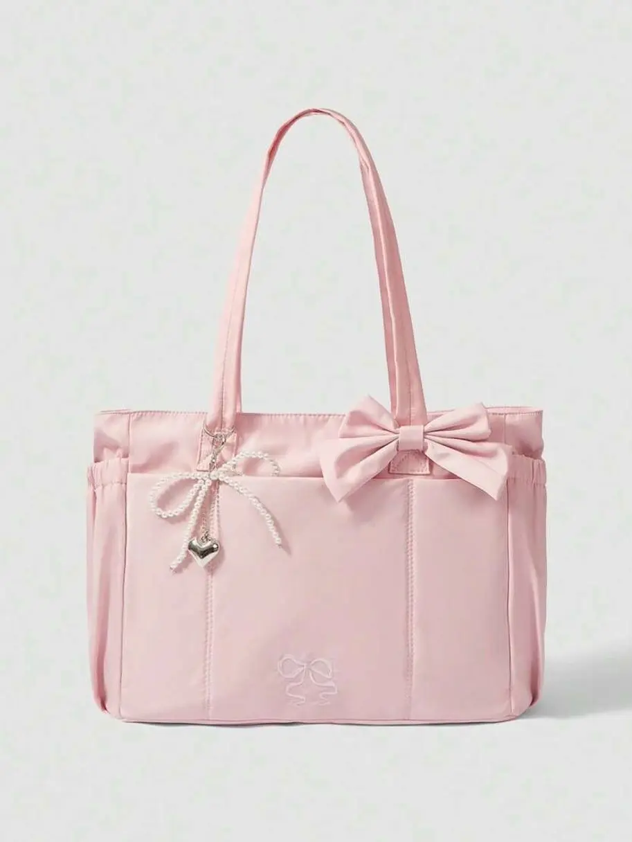 Women’s Bow Shoulder Tote Bag, Large Pastel Blue Purse with Pearl Heart Charm and Side Pockets for School, Work and Travel