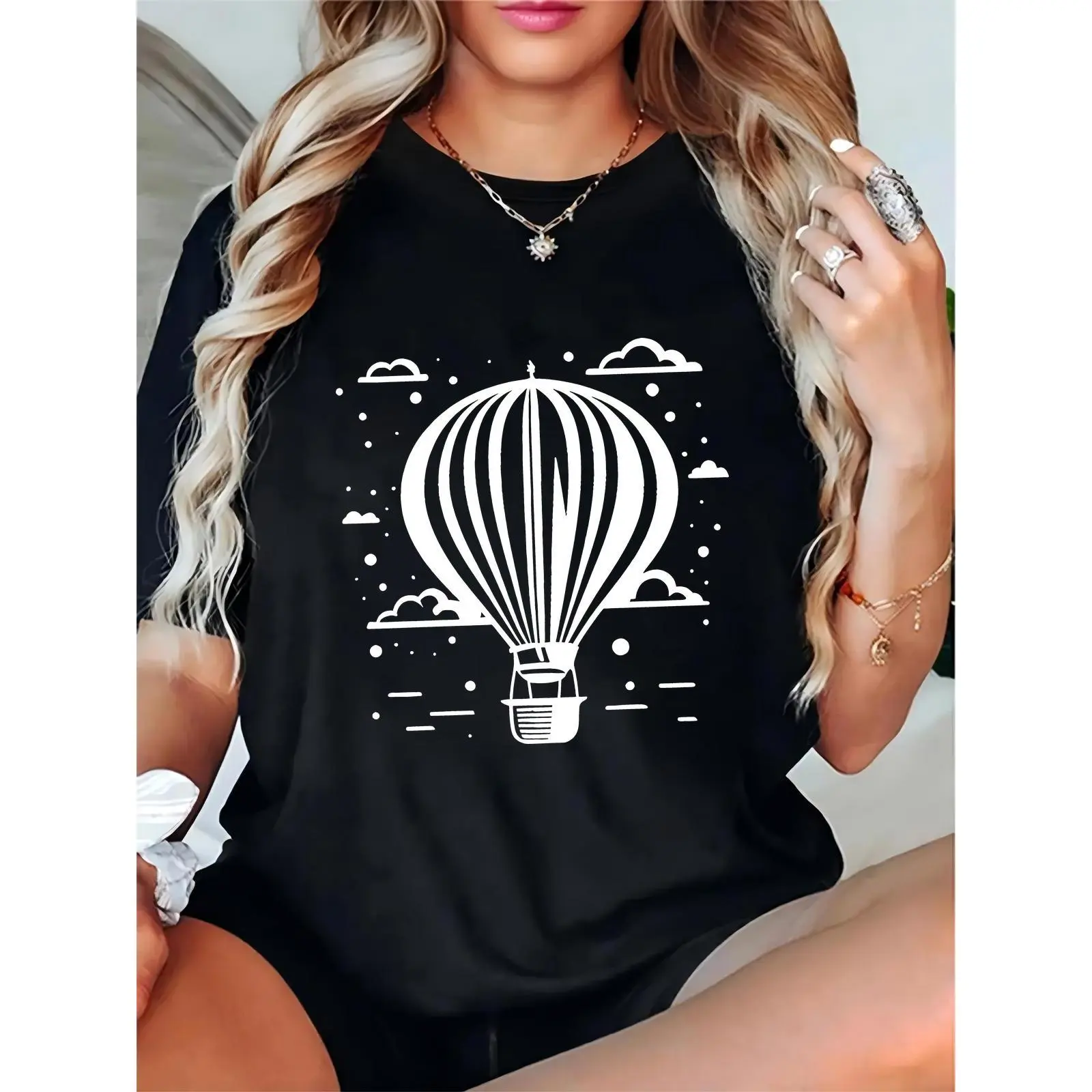 Women's Basic Short-Sleeve Black T-Shirt - Comfortable Fit, White Hot Air Balloon, Clouds & Stars Print - Casual Day, Summer Travel Top for Ladies, Cotton, Feminine, Elegant, Essential, Round Neck, Simple
