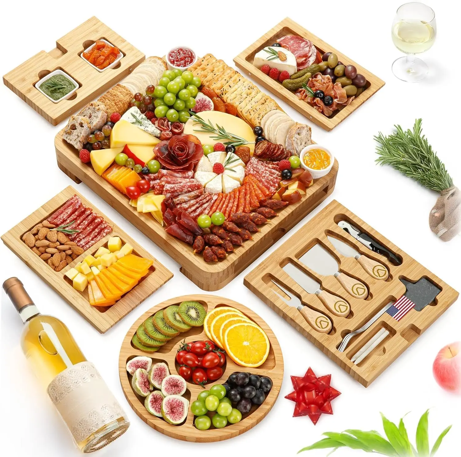 Yes4Quality Bamboo Charcuterie Board Gift Set - 15-Piece Deluxe or 23-Piece Premium Large Set with Fruit Tray, Cutlery, Ceramic Bowls, Kitchen Organization, Dishwasher-Safe Tableware, Supplies Accessories, Kitchen Decor