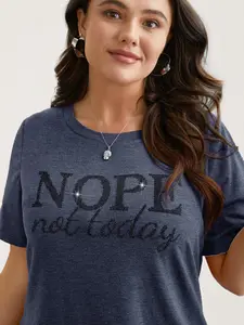 【Summer Turn-Up】BLOOMCHIC Plus Size Nope Not Today Print Rhinestone Round Neck T-Shirt Women's Regular Fit Short Sleeve Top in Deepred Indigo DarkGreen DarkGray Womenswear Garment Spandex Fabric [M-6X] Rhinestones Casua 2026 Summer Vibes Fit Top Swimweek