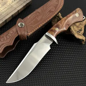 Portable straight outdoor knife, sandalwood handle knife, suitable for outdoor activities, camping, rescue, survival, an exquisite gift for men,Travel, fishing, mountain climbing, with a knife sheath