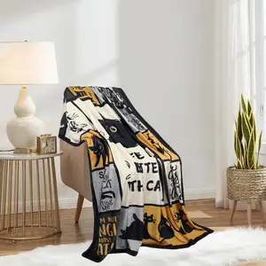Flannel Cat Blanket, Black Suitable for Cat Lovers, Home Decoration, Travel, Letter Print Blanket