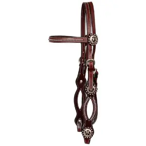 Burgundy Leather Brownband Headstall & Reins w/ Texas star conchos Split cheeks