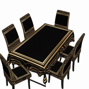 Black Gold Art Deco Tablecloth with Dining Chair Covers Set (5pcs/7pcs) Geometric Luxury Border Print Kitchen Dining Room Table Decor dining chair protector Chair Slipcovers