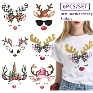 6 Piece Christmas Deer Iron-On Patches, Holiday Patterns, Washable Vinyl DIY Stickers for T-Shirts, Festive Crafts, Easy to Apply