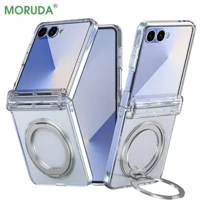 Electroplating Transparent Magsafe Case For Samsung Galaxy Z Flip 7 6 5 Flip6 Zflip7 Hinge Protection Ring Holder Magnetic Cover