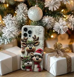 Cute Reindeer Family Christmas Phone Case for iPhone 11–17 | Adorable Holiday Winter Animals with Scarves & Ornaments | Festive Aesthetic Gift Cover