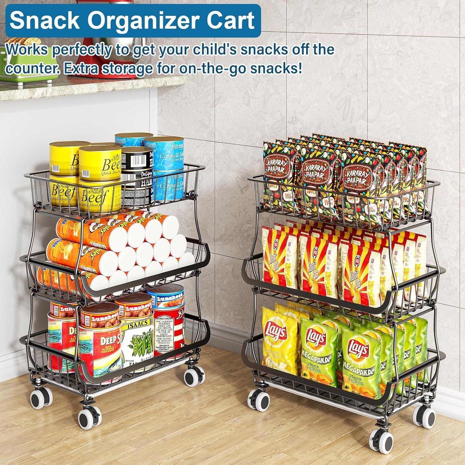 3-Tier Rolling Pantry Floor Organizer and Storage Cart with Wheels, Stackable Wire Pantry Baskets for Pantry Shelves, Kitchen Fruit Basket Stand and Storage Rack for Fruit Snack Onion Potato