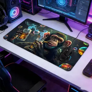 Funny Party Monkey Large Gaming Mouse Pad, Non-Slip Rubber Base Stitched Lock Edge Desk Mat, Psychedelic Pattern Desk Pad, Durable Computer Accessory, Desk Accessories for Home Office & Gaming Setup, Ideal Gift for Gamers & Meme Lovers Teens