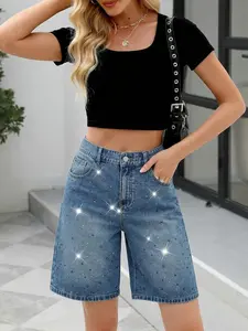 Women's High-Waisted Stretchy Denim Shorts Star Pattern, Slim-Fitting Versatile Five-Quarter Pants, Perfect for Everyday Casual Wear & Stylish