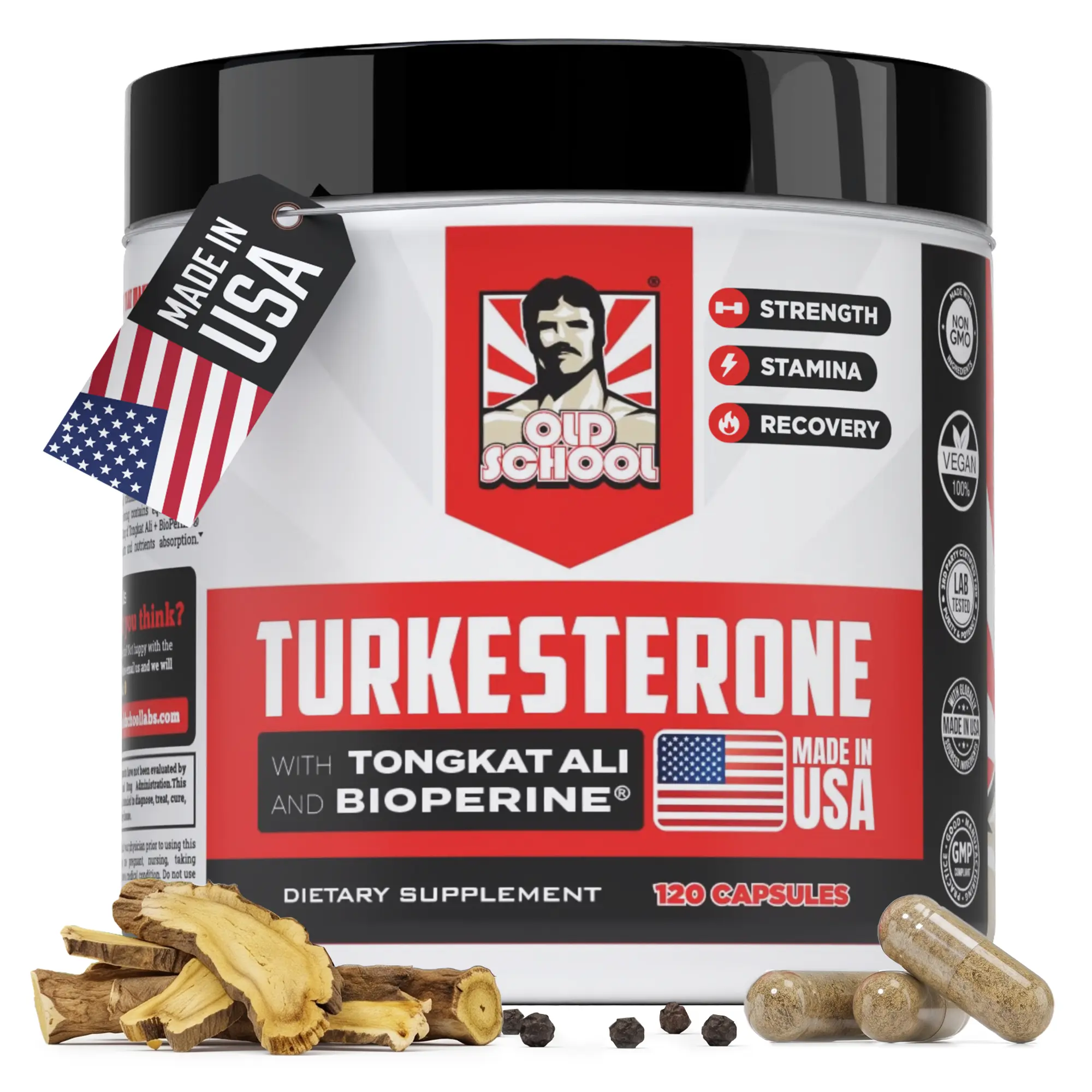 Old School Labs Turkesterone for Men with Tongkat Ali & BioPerine - Supports Men’s Fitness, Performance & Vitality Support, 120 Capsules